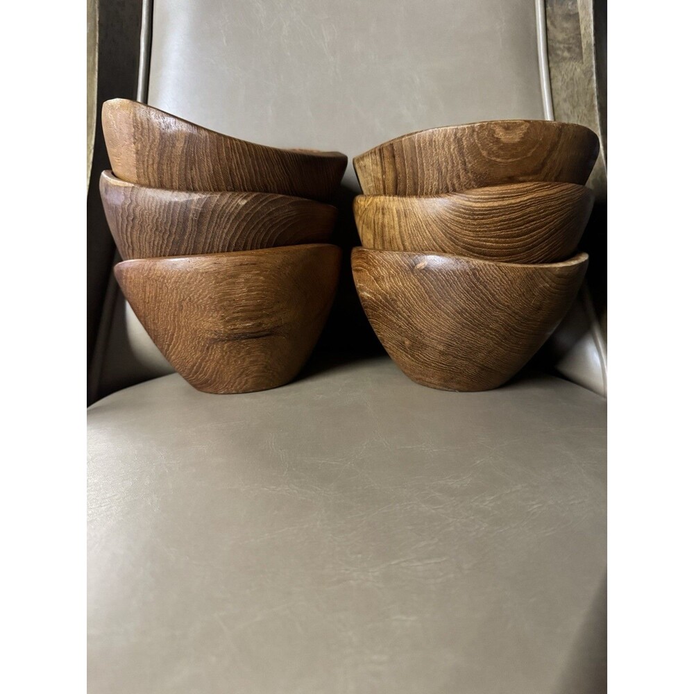 Vintage Genuine Teak Wood Salad Bowls Set of 6 Made In Thailand Mid Century Mod